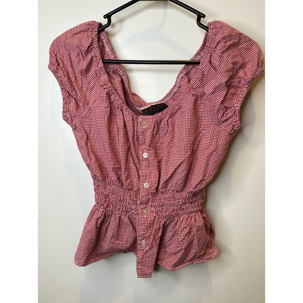 Ralph Lauren Womens Red Gingham Smocked Peplum Top Cotton Cap Sleeve Small
